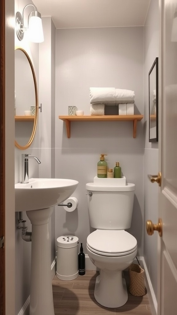 A compact bathroom featuring a pedestal sink, a toilet, wooden shelves with towels and decor, and a round mirror