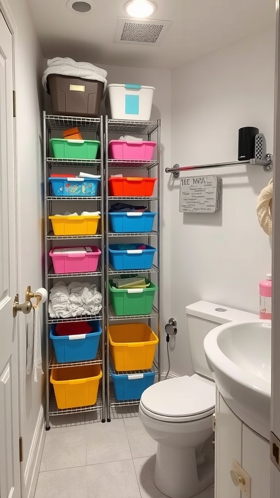 A compact dorm bathroom featuring a shelving unit with colorful bins for storage.