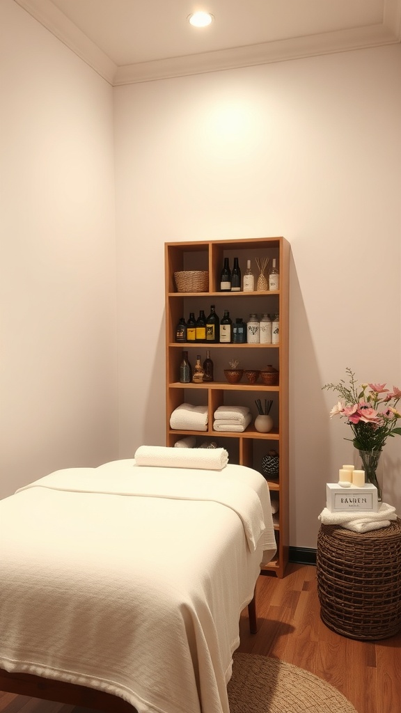 A cozy small massage room with a neatly organized wooden shelf, rolled towels, and a flower arrangement.