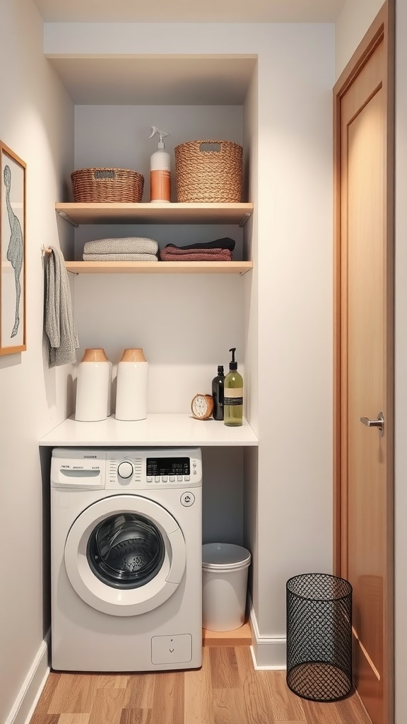 A compact urban laundry nook featuring a washing machine, wooden shelves with towels and baskets, and a clean, organized aesthetic.