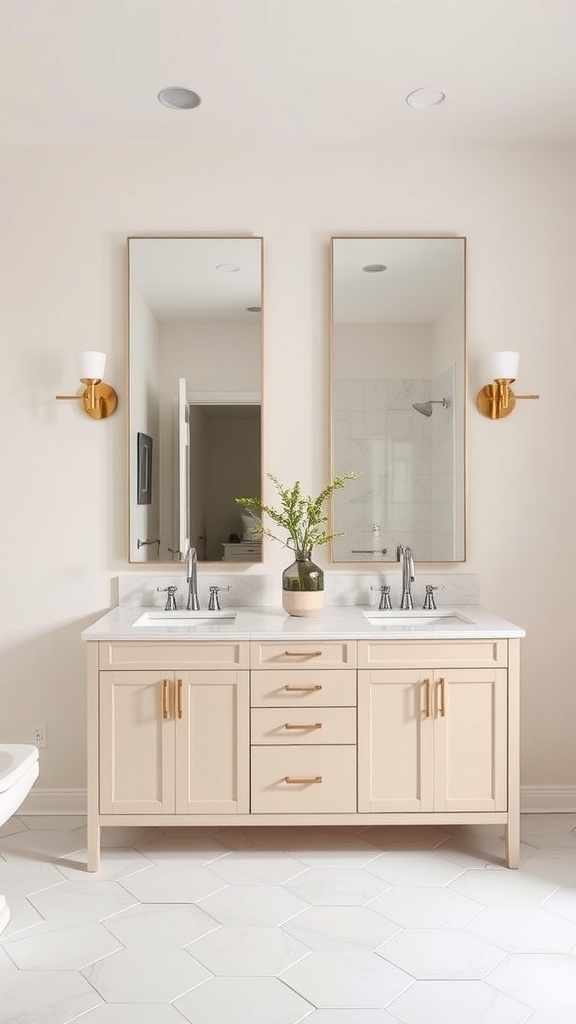 A contemporary beige bathroom vanity with dual sinks, mirrors, and gold accents.