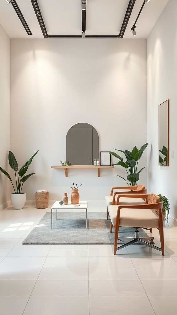 A modern facial suite featuring minimalist design with potted plants, cozy chairs, and a light color palette.