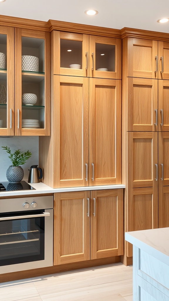 Modern kitchen featuring contemporary oak cabinets with glass inserts, showcasing decorative items.