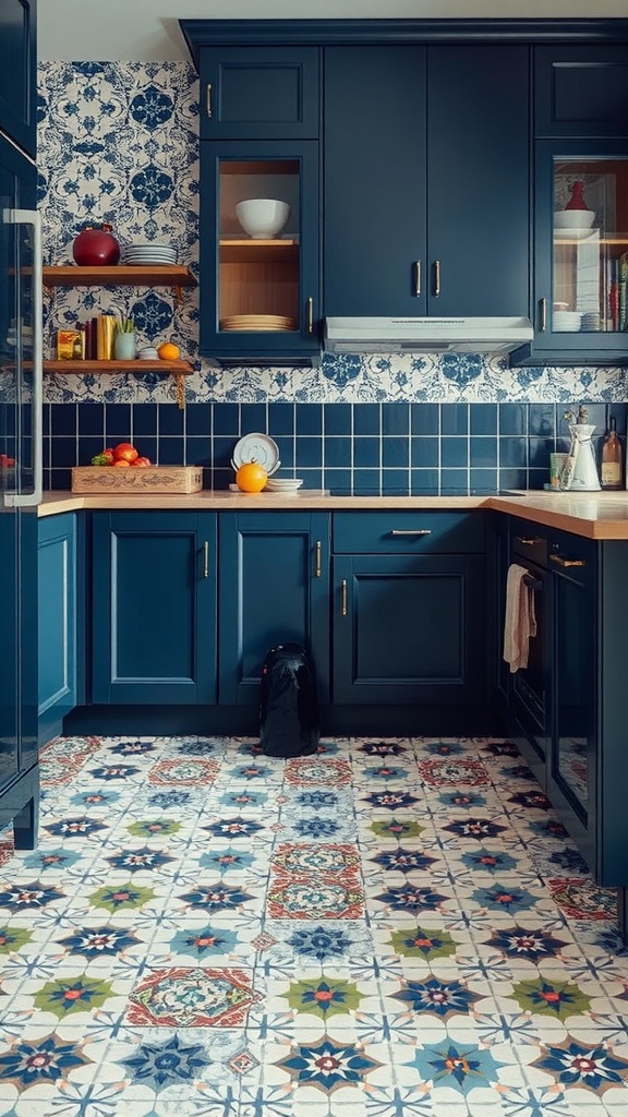 A kitchen featuring navy blue cabinets, patterned floor tiles, and a decorative backsplash.