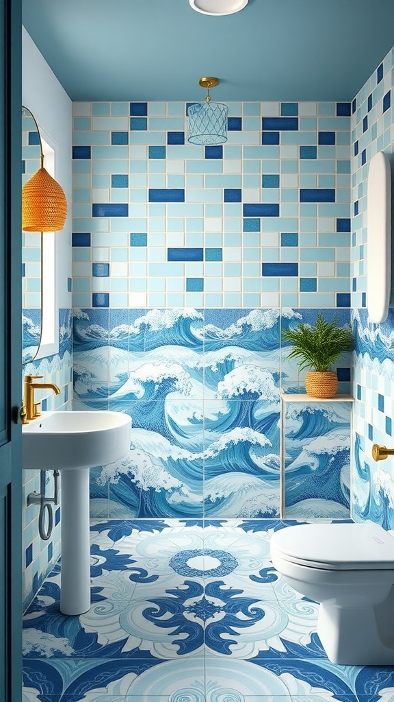 A coastal bathroom with blue tile designs representing waves and a naturalistic decor.