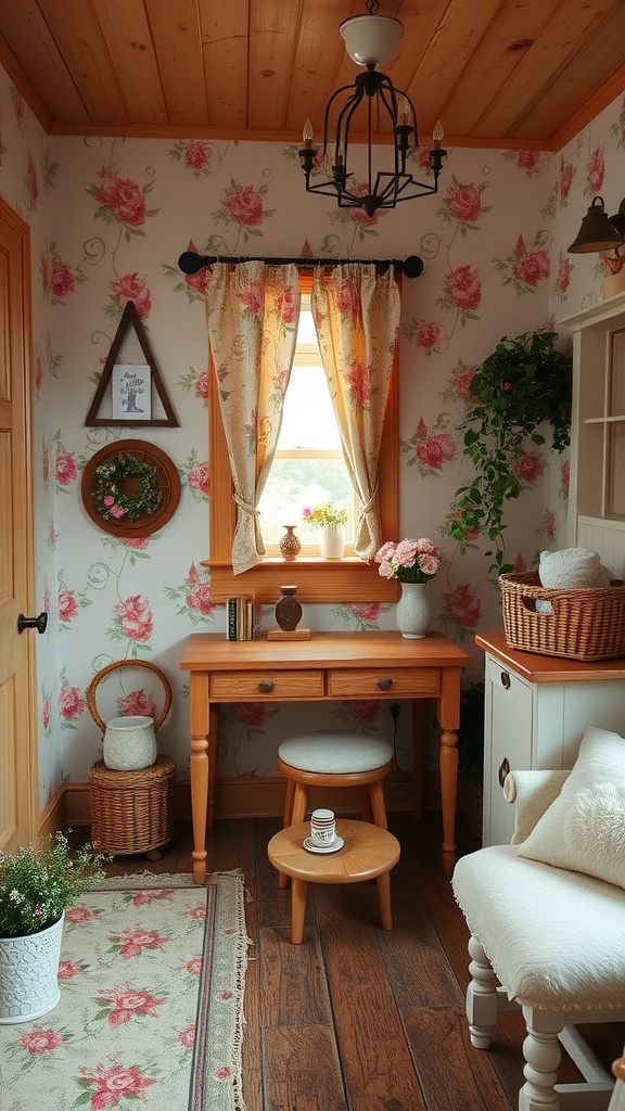 A cozy, cottage-style facial retreat featuring floral wallpaper, wooden furniture, and natural light.