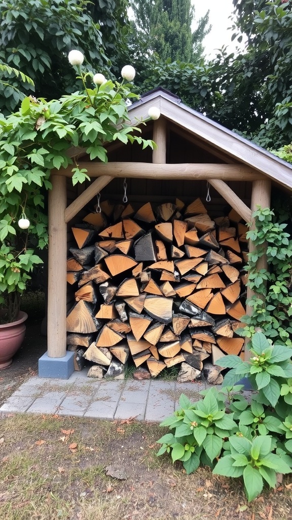A covered firewood shed with neatly stacked logs and surrounding greenery