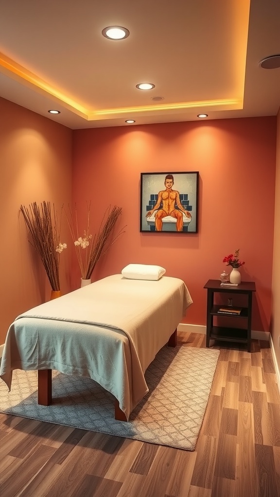 A cozy massage room with warm coral walls, soft lighting, and a simple massage table.