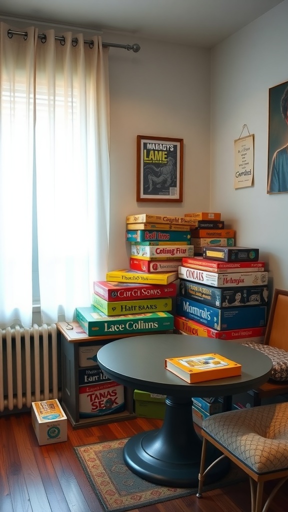 A cozy corner with a stack of board games and a round table, perfect for game nights.