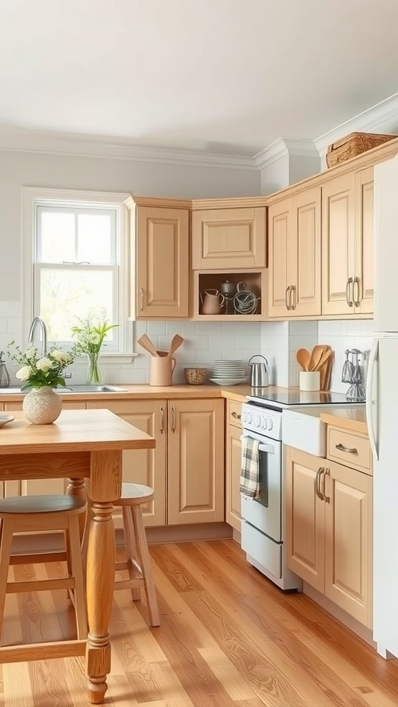 Cozy cottage kitchen with light oak cabinets and wooden dining table.