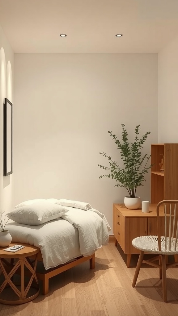 A cozy minimalist facial room featuring a bed with white linens, wooden furniture, and a potted plant.