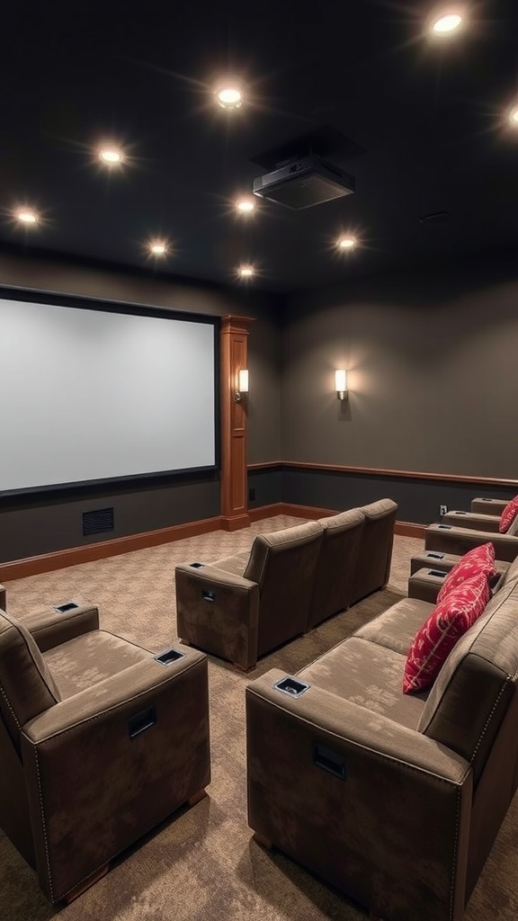 Cozy basement movie theater setup with plush recliners and a projector screen.