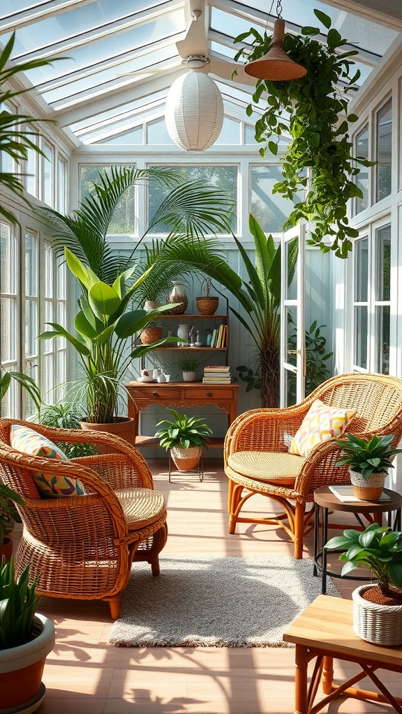 A sunroom featuring cozy rattan lounge chairs with colorful cushions and plants.