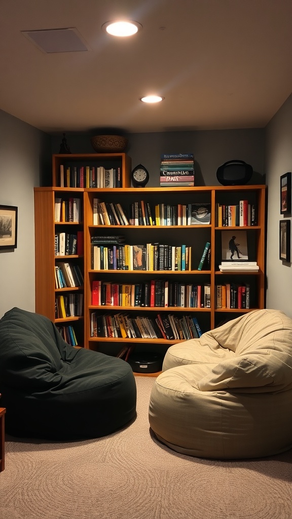 Cozy reading corner with bean bags and a bookshelf