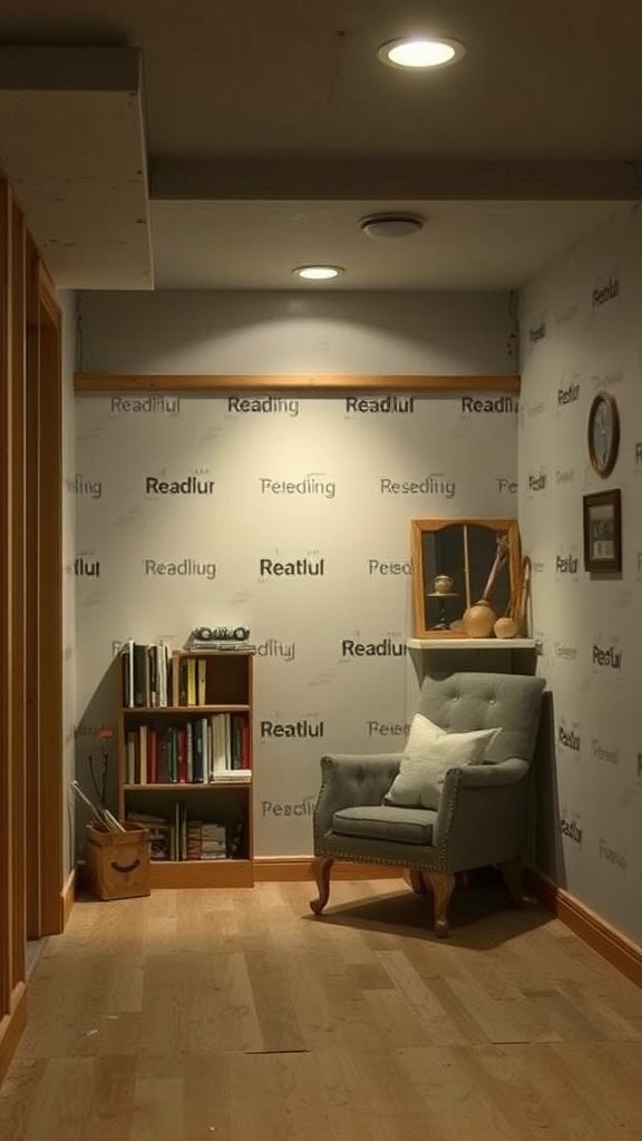 Cozy reading nook in a basement with a grey armchair, bookshelf filled with books, and playful wallpaper.