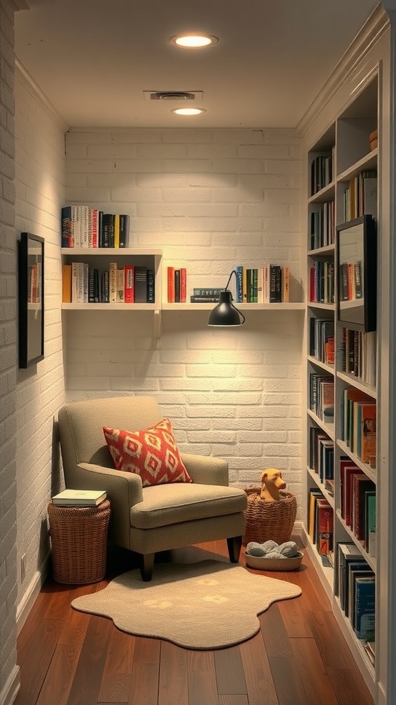 Cozy reading nook with built-in shelves, a comfortable chair, and warm lighting.