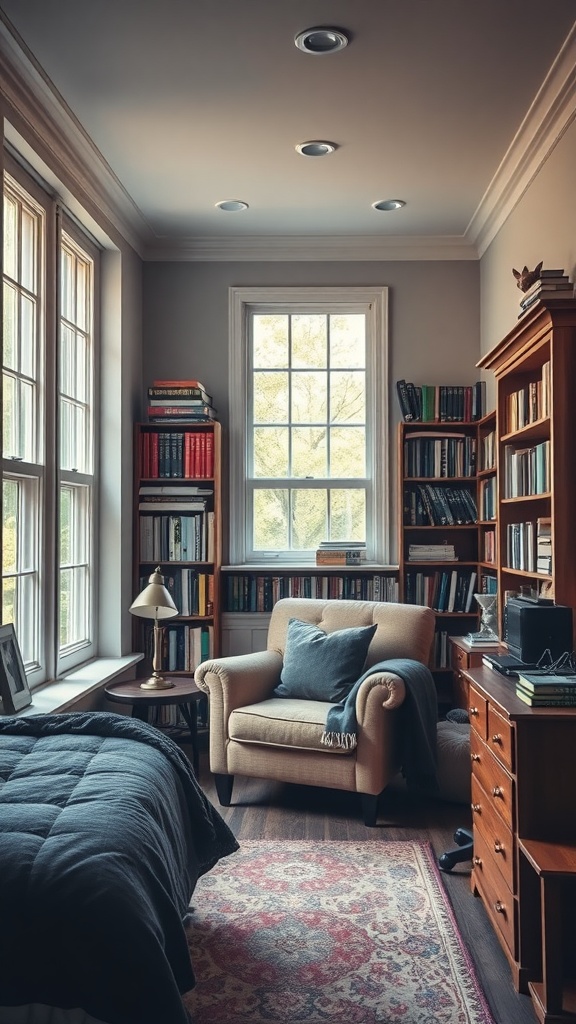 Cozy reading nook with natural light, featuring a comfortable armchair, bookshelves, and a warm atmosphere