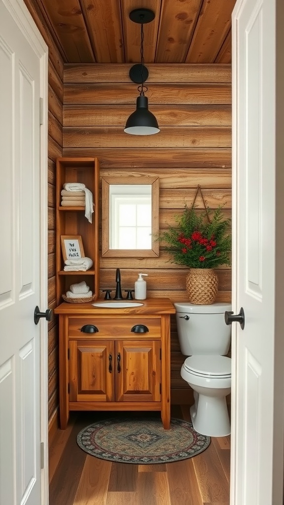 A cozy rustic bathroom featuring wooden walls, a wooden vanity, and warm lighting.
