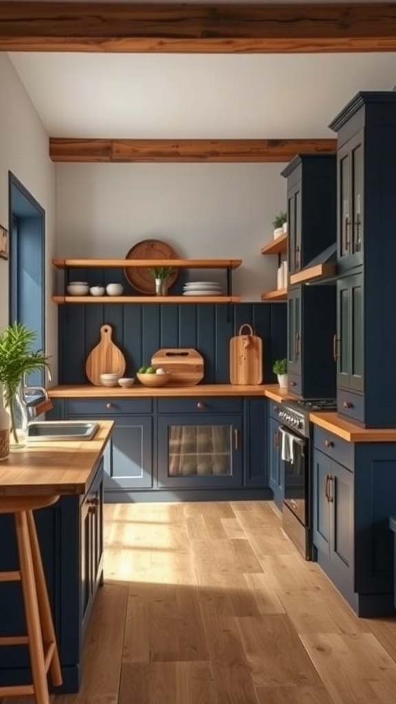 Navy blue kitchen with wooden accents and shelves