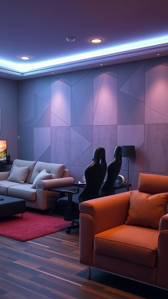 Cozy game room with comfortable seating arrangements including sofas and gaming chairs.