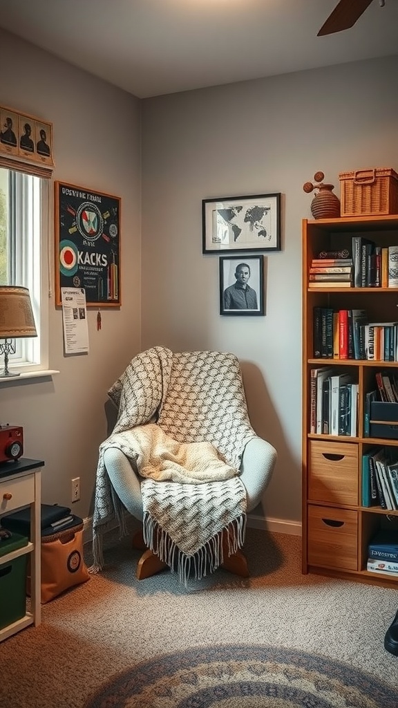 Cozy nook in a small hobby room with a chair, blanket, and decorative elements.