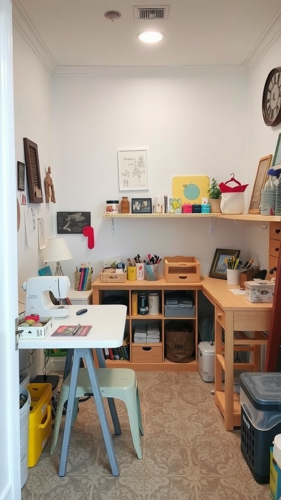 A small crafting space with a sewing machine, desk, and organized shelves.