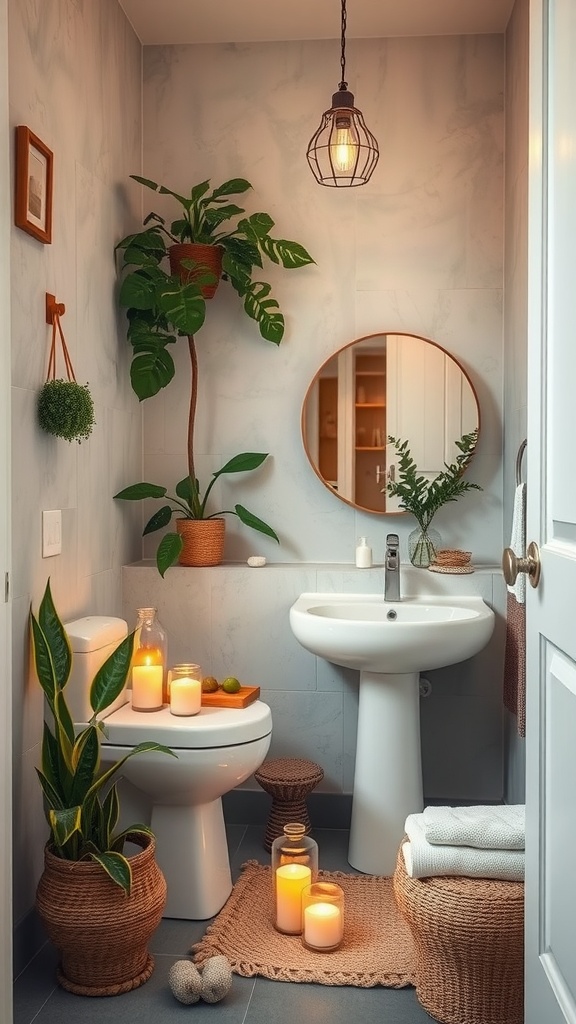 A small bathroom decorated with plants, candles, and soft lighting for a spa-like atmosphere.