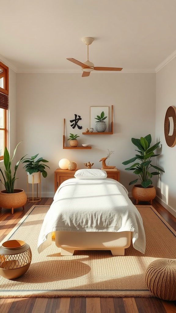A serene massage room with natural light, plants, and calming decor.
