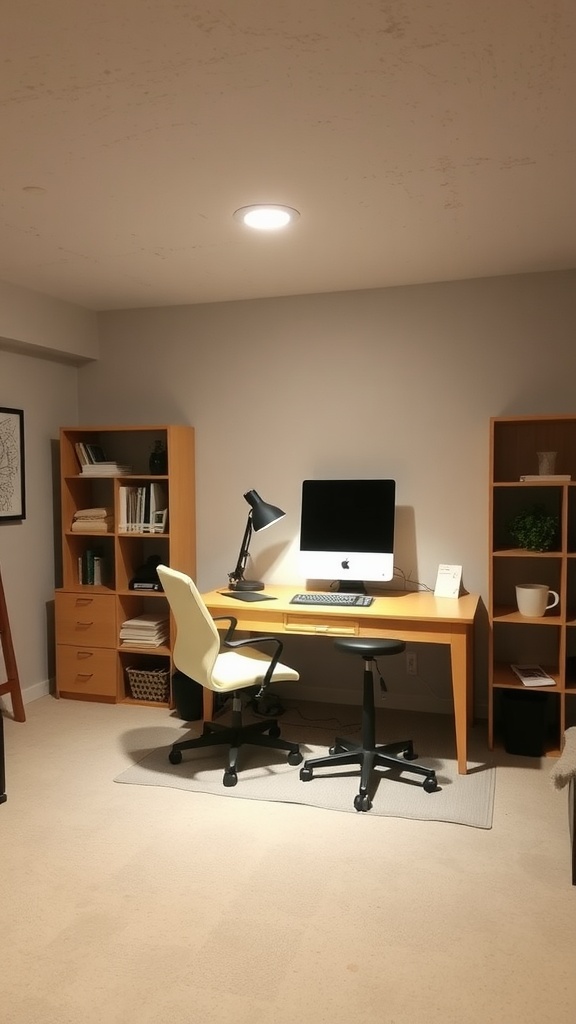 A basement workspace featuring a desk, computer, and stylish chairs.