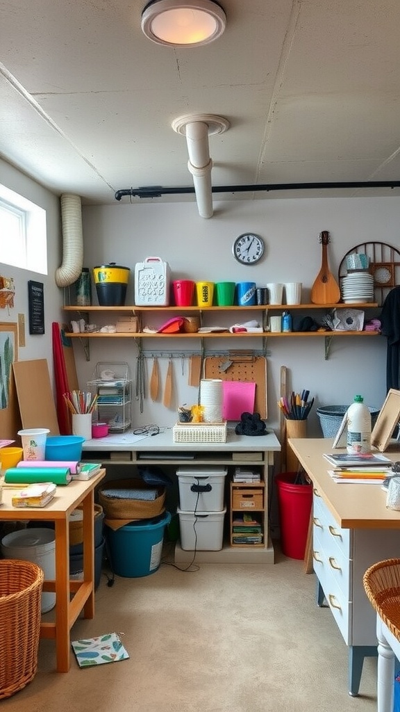 Creative arts and crafts area in a basement with organized workspaces and colorful supplies.