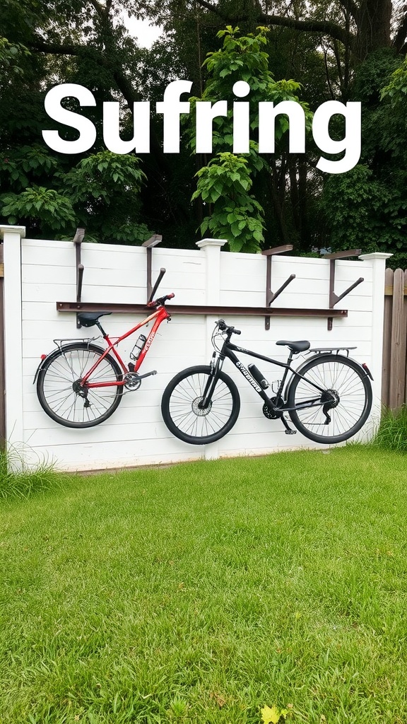 A creative bike storage solution with two bikes mounted on a wall rack among green foliage.