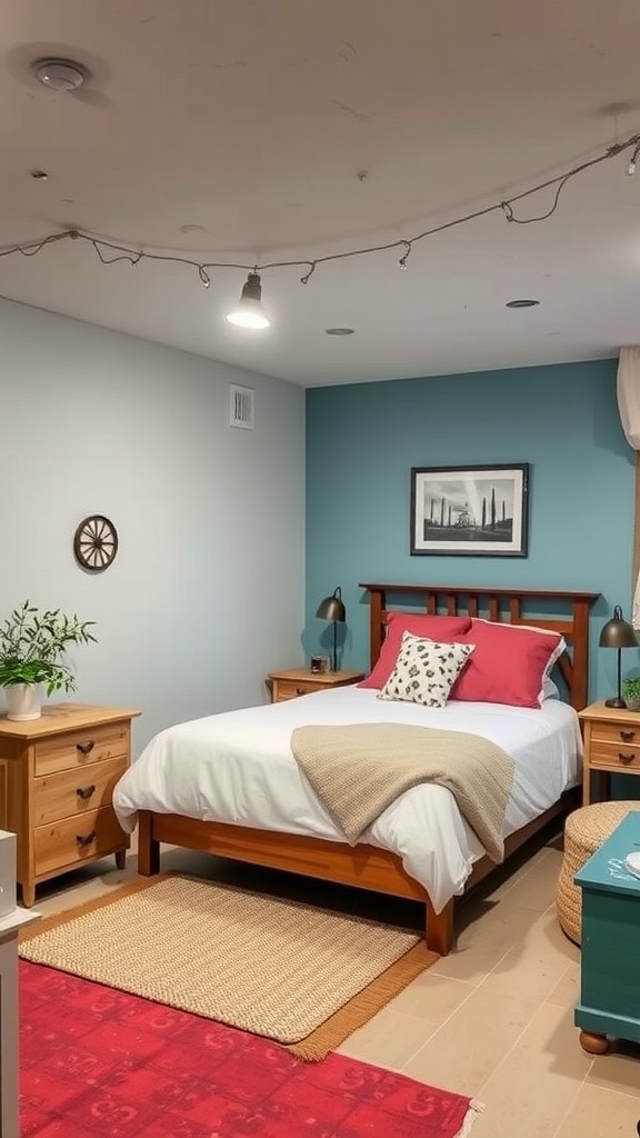 A cozy unfinished basement bedroom with a wooden bed, colorful pillows, a plant, and soft lighting.
