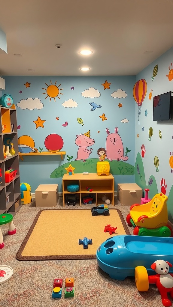 A creative kids' play area in a basement with colorful walls and organized toys.