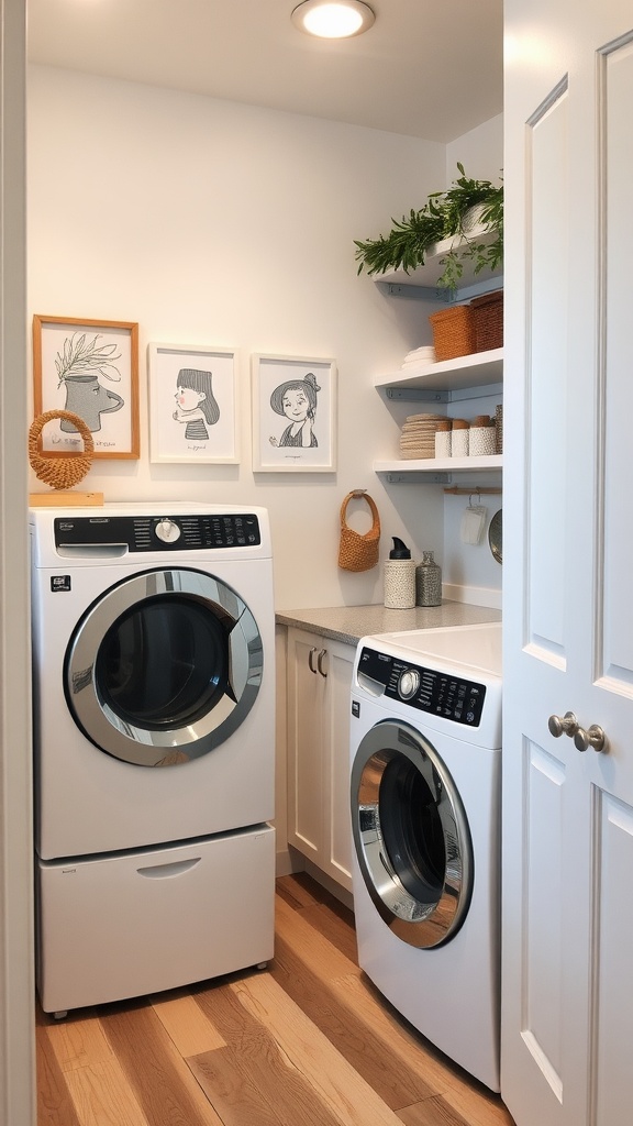 Modern laundry room with custom storage and artistic decor