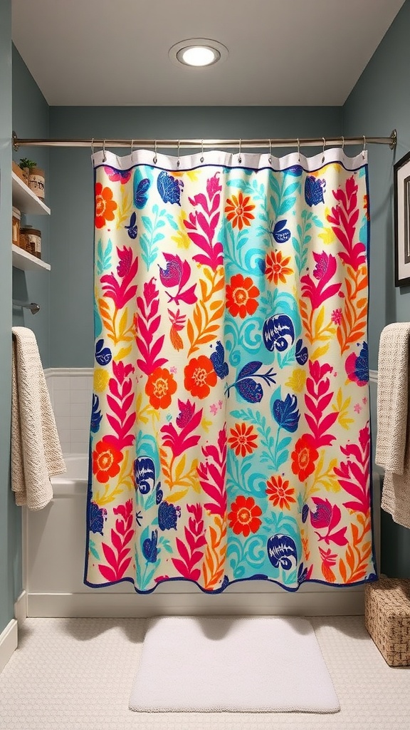 A colorful shower curtain with floral and fish patterns in a bathroom.