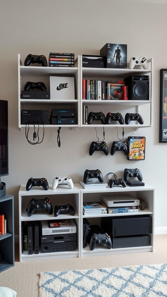 A neatly organized game storage area with consoles, controllers, and games on shelves.