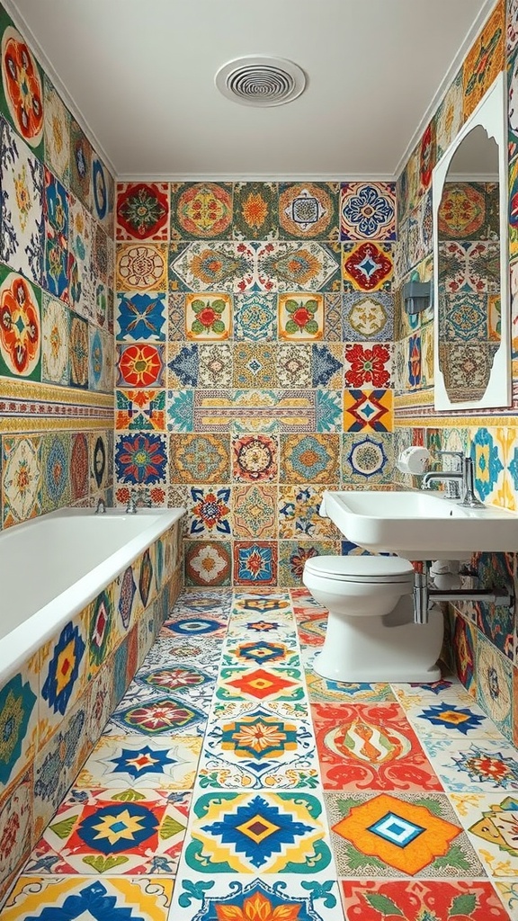 A colorful bathroom with intricate tile patterns on walls and floor.
