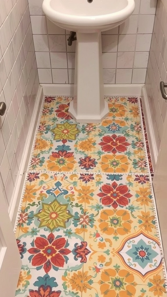 A small bathroom with colorful patterned tiles on the floor featuring floral designs, complemented by white tiled walls and a pedestal sink.