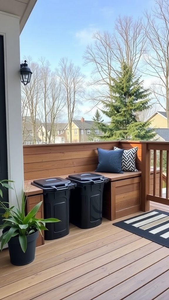 Outdoor deck with a built-in bench storing trash cans underneath and decorative cushions.