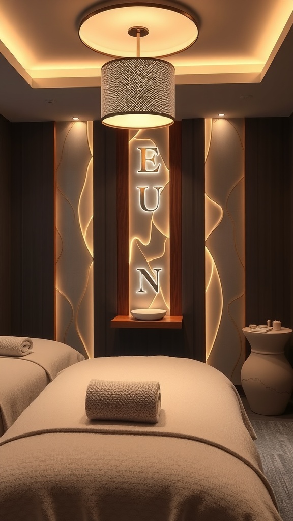 A cozy massage room featuring soft lighting, neutral colors, and neatly arranged towels.
