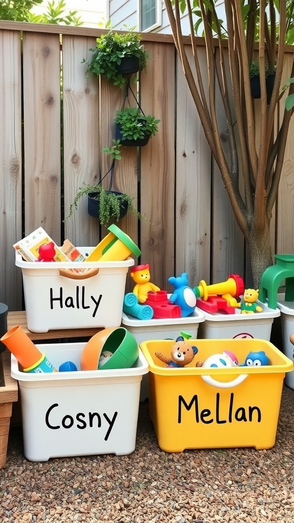 Customized toy bins labeled Hally, Cosny, and Mellan filled with colorful toys, placed next to a wooden fence with hanging plants.