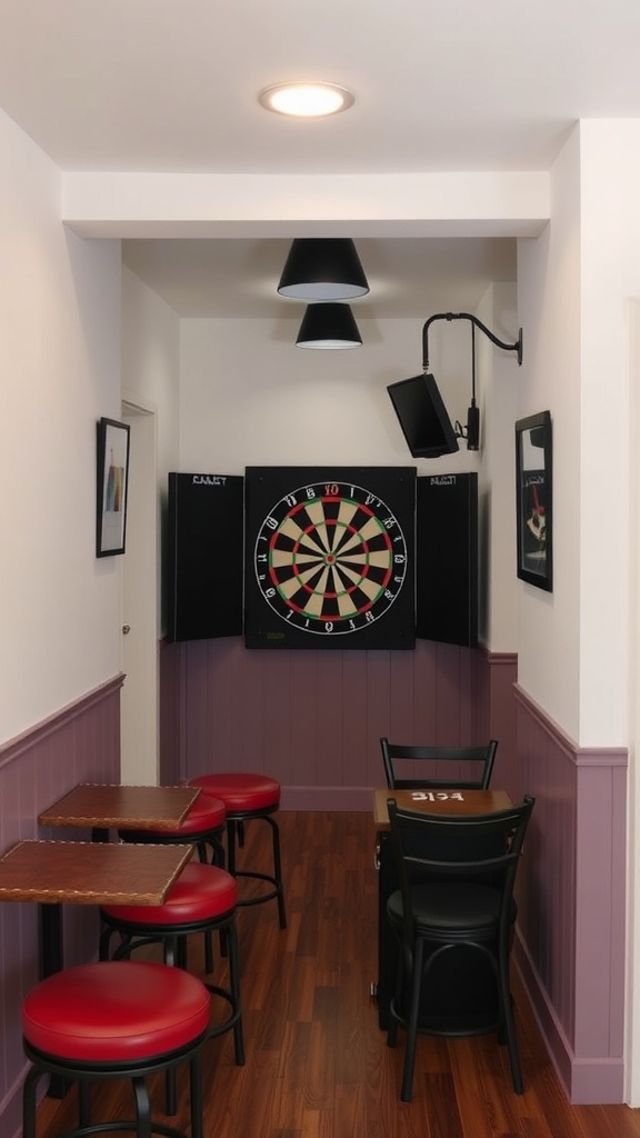 A small dartboard den with a dartboard on the wall and seating options.