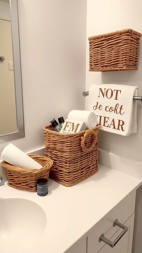 Decorative baskets on a bathroom counter for organization.