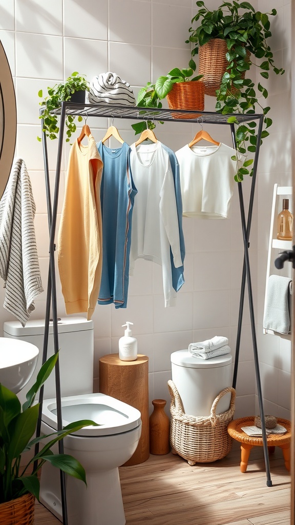 A modern decorative drying rack with clothes in a stylish bathroom setting.