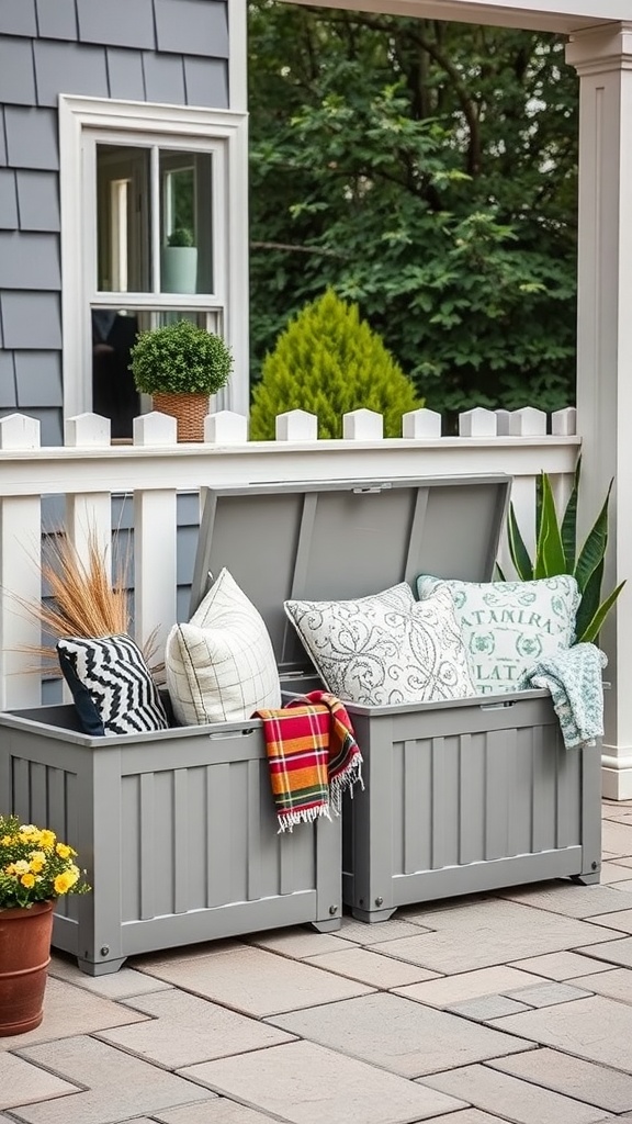 Two gray decorative storage containers on a patio filled with cushions and a throw blanket, surrounded by plants.
