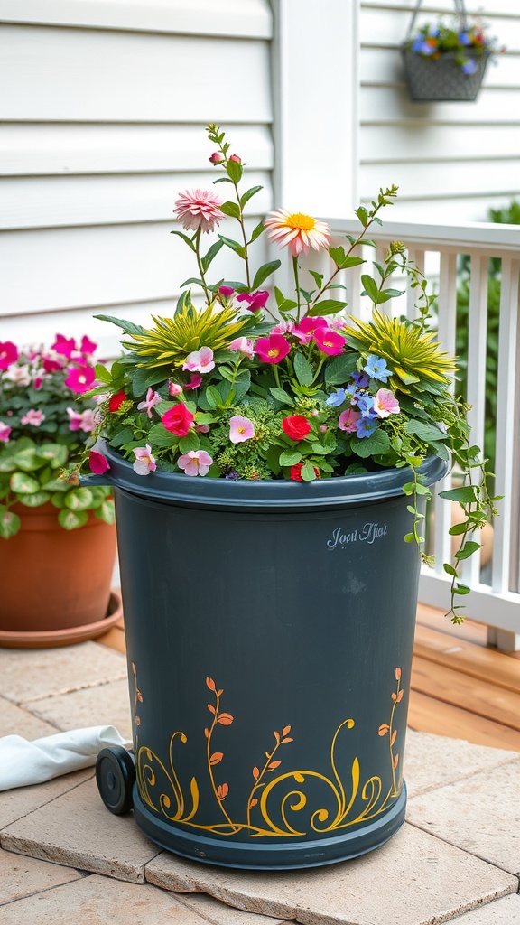 A decorative trash can transformed into a planter filled with colorful flowers