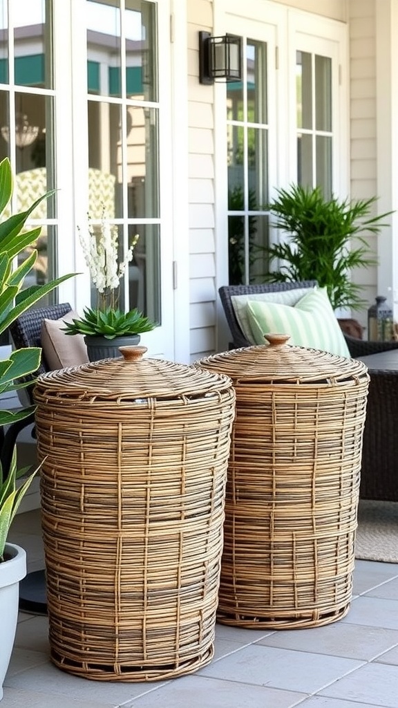 Two decorative wicker baskets for outdoor trash can storage on a porch.