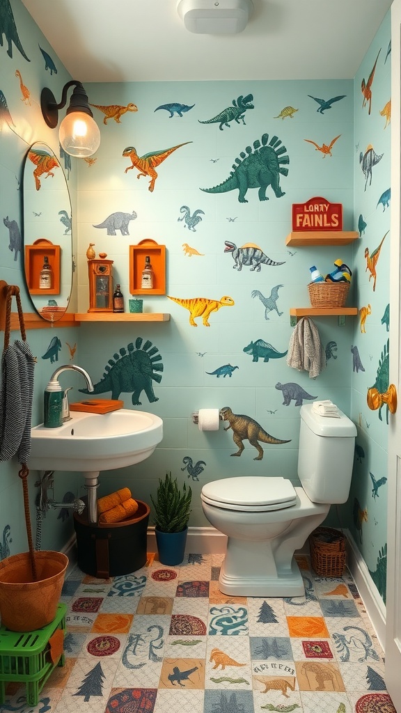 A playful dinosaur-themed bathroom with colorful dinosaur murals on the walls and quirky patchwork floor tiles.