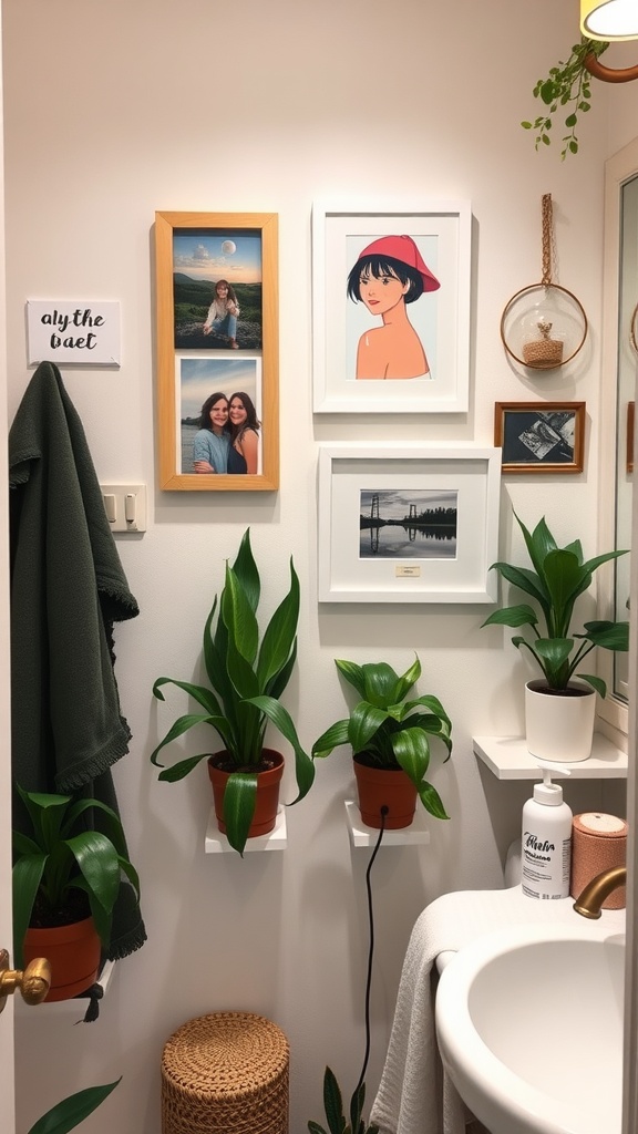 A well-decorated dorm bathroom with framed photos, plants, and stylish accessories.