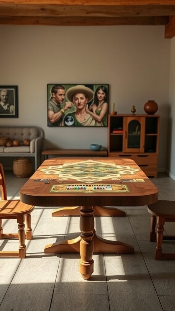 A cozy gaming room featuring a wooden gaming table with a game board set up, surrounded by chairs and decorated with artwork.